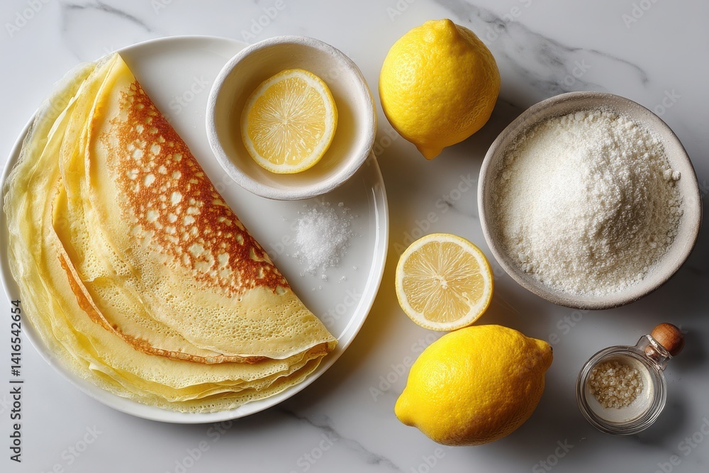 Fresh crepes served with lemon slices and flour on marble background Fresh crepes served with lemon slices and flour on marble background