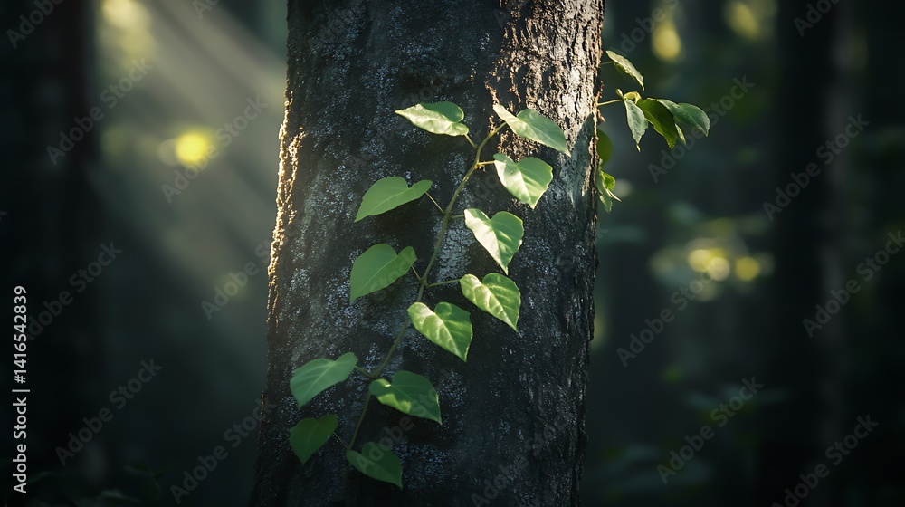 Obraz premium Sunlit Vine on Forest Tree Trunk