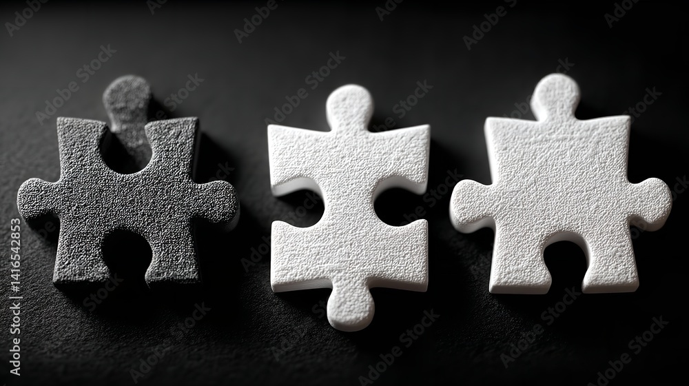 Fototapeta premium Three White Puzzle Pieces on a Black Background – Top View of Minimalist Jigsaw Concept Isolated for Design or Problem Solving Theme