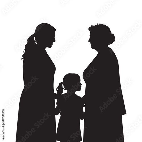 Black silhouette of mother and daughter grandmother and granddaughter white Background.