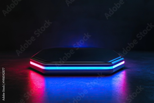 Futuristic hexagon podium with vibrant neon lighting