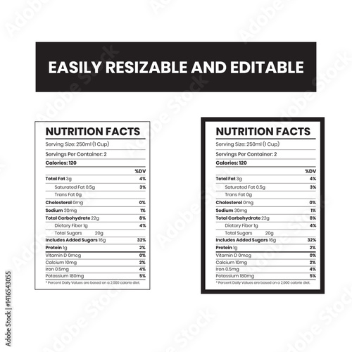 Nutrition Facts, Nutrition Supplement Facts, Level facts, Supplement Facts Editable and Resizable 