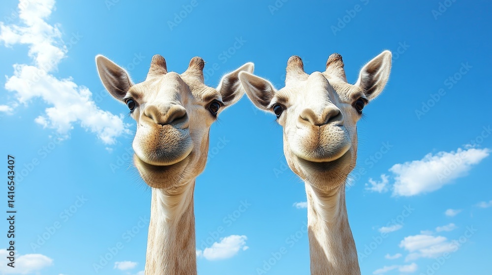 Naklejka premium Two giraffes against a cloud dappled azure sky exhibiting animal companionship and wildlife wonder showcasing their graceful necks and patterned fur detail beauty