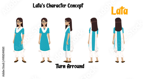 Indian woman turnaround vector character model sheet illustration