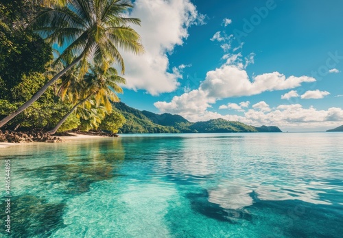 Tranquil Tropical Beach with Palm Trees and Crystal Clear Water under Bright Blue Sky and Fluffy White Clouds in a Serene Landscape