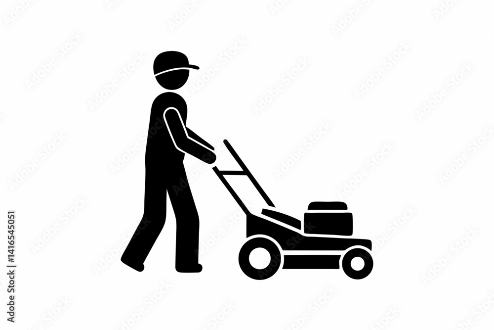 A man Mowing Lawn with a Lawn Mower icon vector silhouette illustration isolated on white background A man Mowing Lawn with a Lawn Mower icon vector silhouette illustration isolated on white background