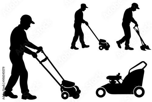 set of A man Mowing Lawn with a Lawn Mower vector silhouette illustration isolated on white background