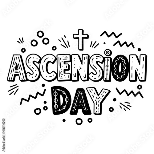 Bold, stylized lettering of Ascension Day with decorative, graphic elements.  Fun, hand-drawn style. Suitable for religious advertising or editorial use.