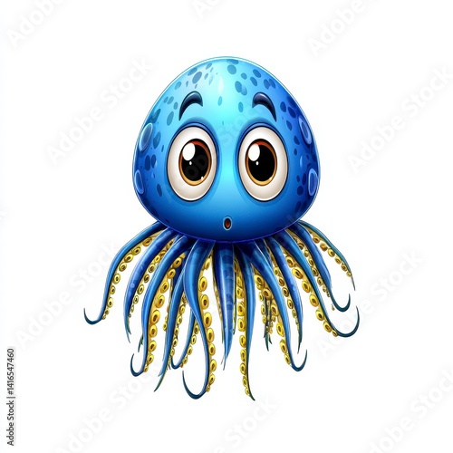 Cute Blue Cartoon Jellyfish with Yellow Tentacles on White
