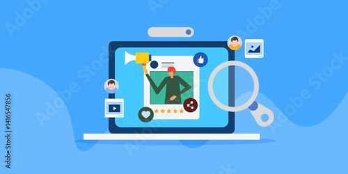 Social media optimization and online business promotion, content marketing, SEO strategy concept.