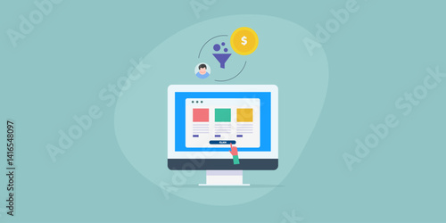 Website lead conversion. Hand clicks on button. Digital marketing and online business strategy increase CTR rate. Generate revenue from paying customer.