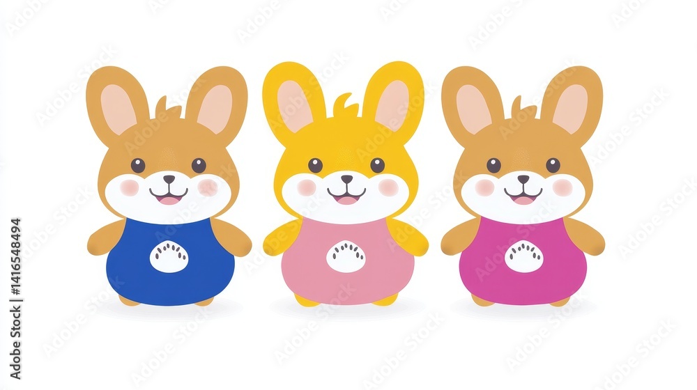 Naklejka premium Pixelated trio of adorable rabbits with colorful outfits perfect for children's illustrations and playful designs delightful animal characters