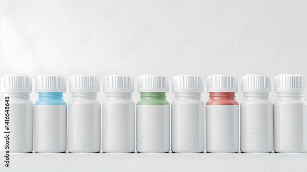 Collection of medicine bottles arranged in a row against a plain background showcasing different colors and sizes during daylight Collection of medicine bottles arranged in a row against a plain background showcasing different colors and sizes during daylight