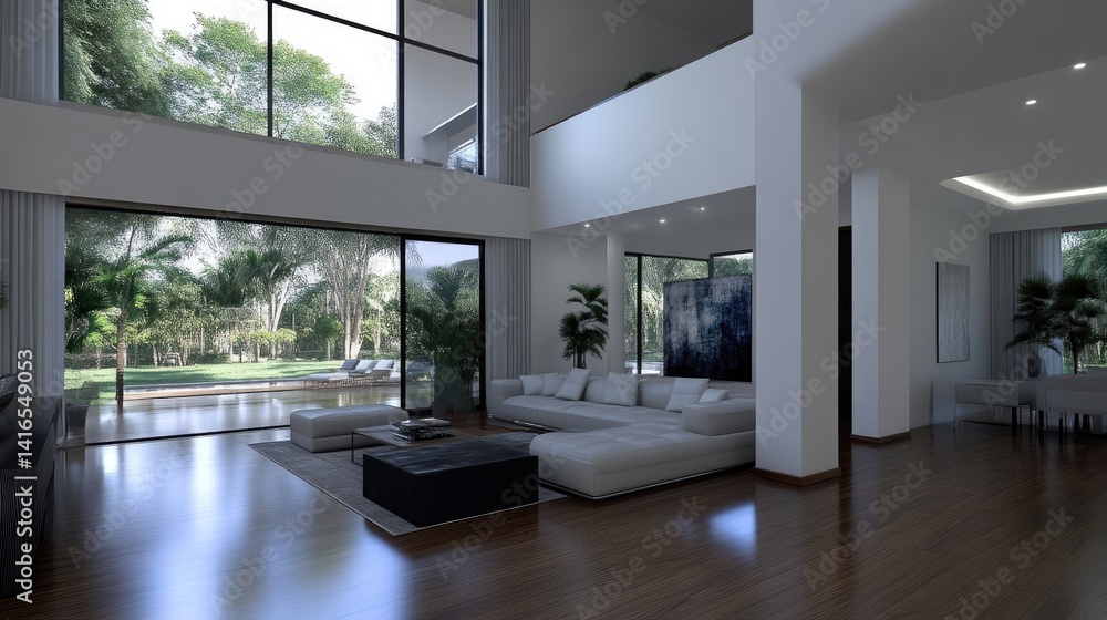 Fototapeta premium Open-plan modern living area with large windows offering tropical garden views