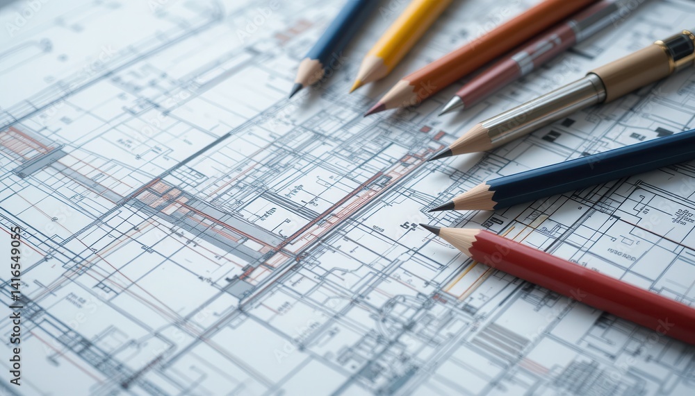 Architectural Blueprint with Colorful Pencils on Desk Illustrating Creative Design and Planning Process Architectural Blueprint with Colorful Pencils on Desk Illustrating Creative Design and Planning Process