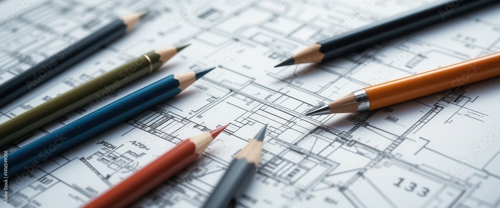 Architectural Blueprint with Colored Pencils on Desk - Creative Design and Planning Concept for Modern Construction Projects Architectural Blueprint with Colored Pencils on Desk - Creative Design and Planning Concept for Modern Construction Projects