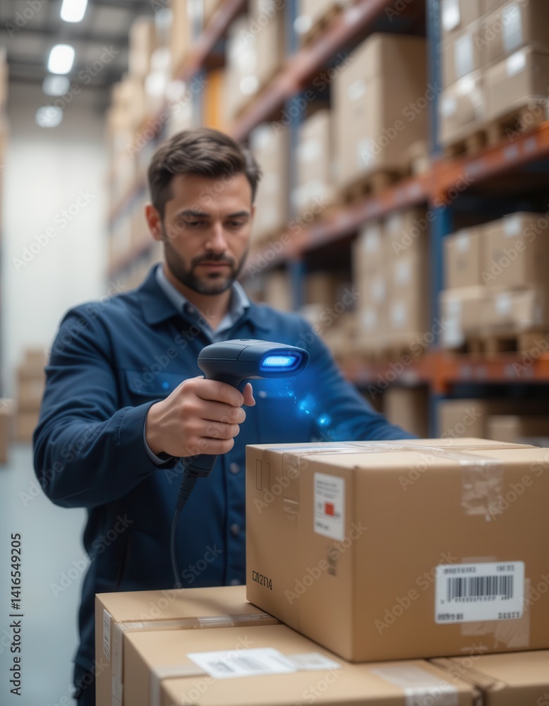 Warehouse Worker Scanning Packages with Barcode Scanner in Modern Logistics Center Warehouse Worker Scanning Packages with Barcode Scanner in Modern Logistics Center