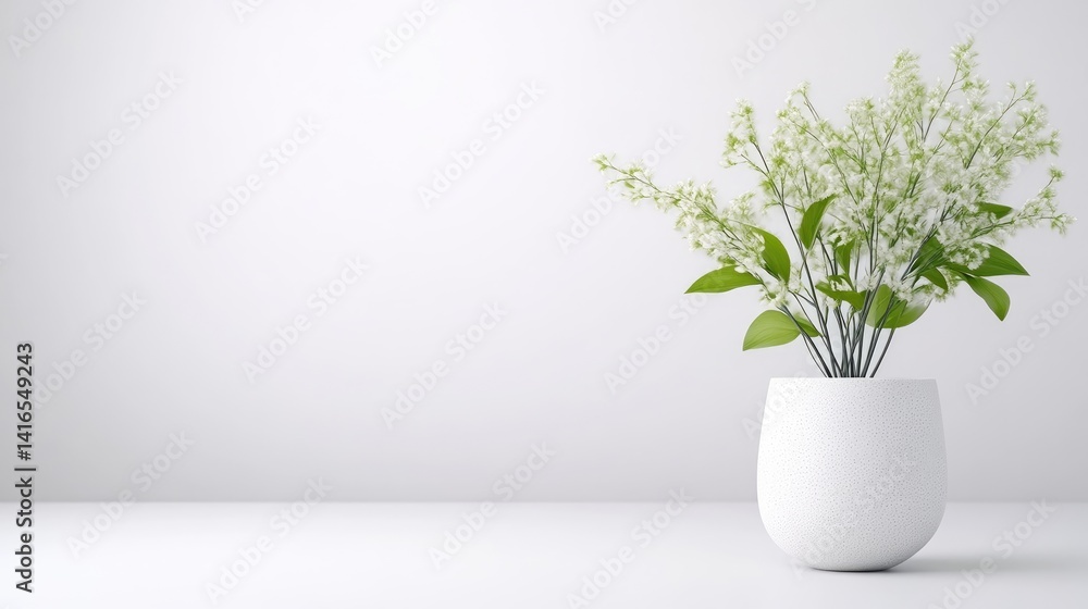 Naklejka premium Minimalist, bright, white room scene with a small bouquet of white flowers in a simple white pot