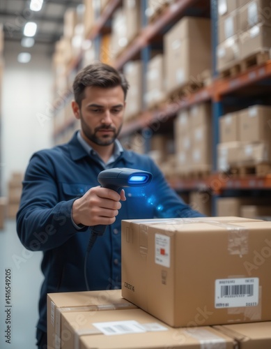 Warehouse Worker Scanning Packages with Barcode Scanner in Modern Logistics Center