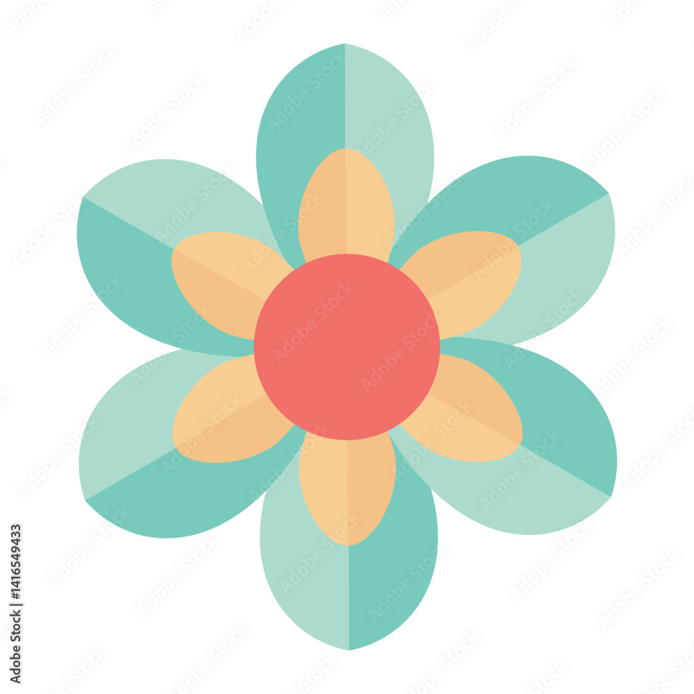 Modern floral vector art with pastel petals and symmetrical green leaf pattern Modern floral vector art with pastel petals and symmetrical green leaf pattern