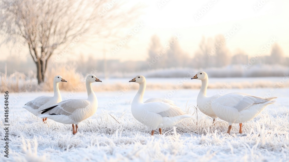 Obraz premium Four white geese standing on frosty grass in a serene winter landscape during sunrise.