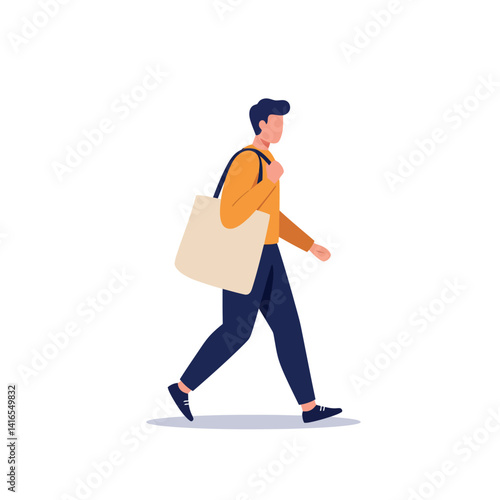 Young man walking with beige tote bag wearing casual orange sweater and dark pants flat minimal vector illustration