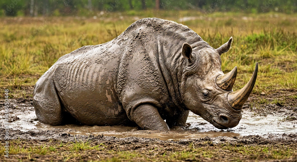 Fototapeta premium Prehistoric Woolly Rhinoceros Wallowing Happily in Mud Puddle, Thick Fur Matted with Wet Mud.