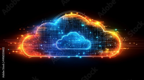 Wallpaper Mural Cyber Cloud Convergence: Illuminated cloud representing data storage, networking, and modern digital solutions with interconnected data points glowing against dark backdrop.  Torontodigital.ca