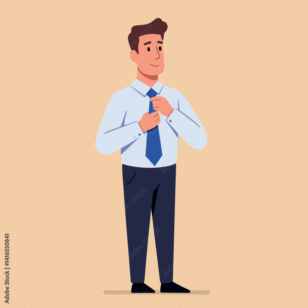 Young man adjusting blue necktie wearing white shirt and dark pants standing confidently minimal flat vector illustration Young man adjusting blue necktie wearing white shirt and dark pants standing confidently minimal flat vector illustration