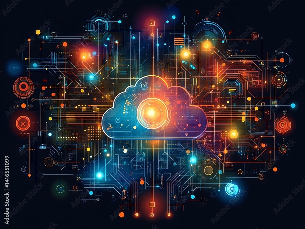 Obraz premium Cloud Computing Network: A vibrant and abstract representation of cloud computing, featuring a glowing cloud symbol connected to a network of intricate circuits and data points.