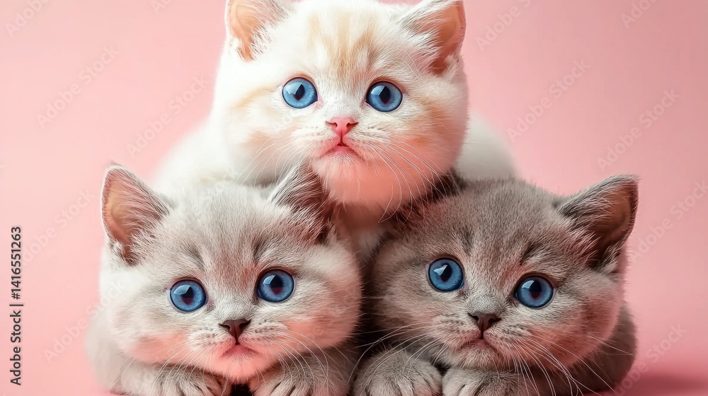 Obraz premium Three kittens are laying on top of each other on a pink background