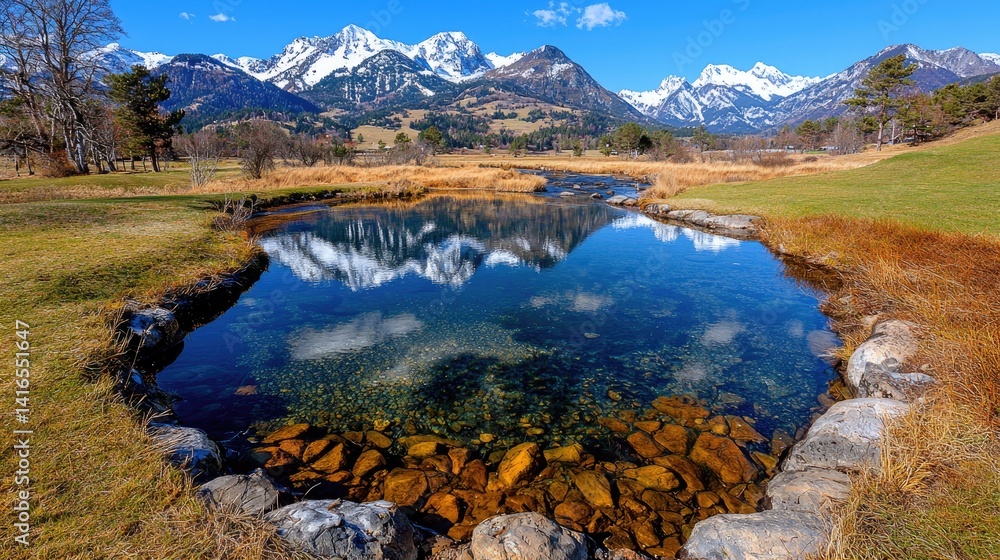 Naklejka premium Serene blue pond landscape with snow capped mountains
