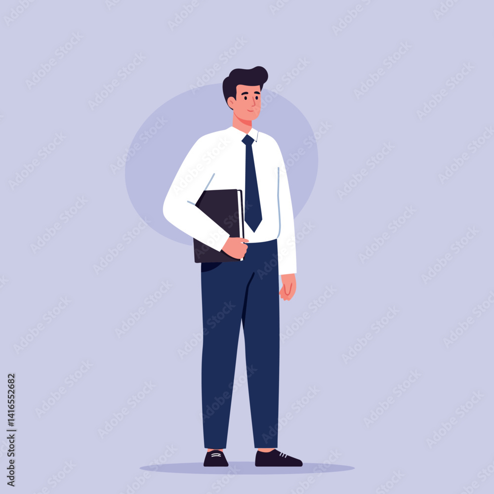 Young professional man in formal attire holding folder standing confidently minimal flat vector illustration Young professional man in formal attire holding folder standing confidently minimal flat vector illustration