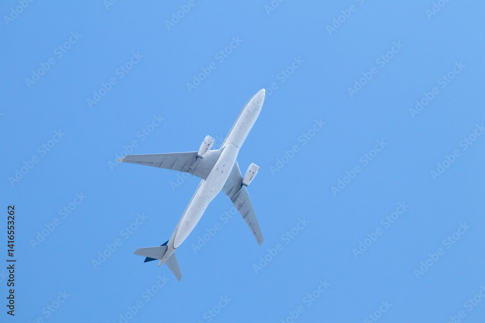 Passenger airplane isolated in blue sky. Aviation idea concept. Aircraft climbing. Abroad travel. Air transportation. Copy space, blank, empty. Passenger airplane isolated in blue sky. Aviation idea concept. Aircraft climbing. Abroad travel. Air transportation. Copy space, blank, empty.