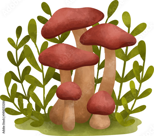 vector illustration of colorful garden, grass, flower, bush, mushroom tree asset for beautiful landscape background