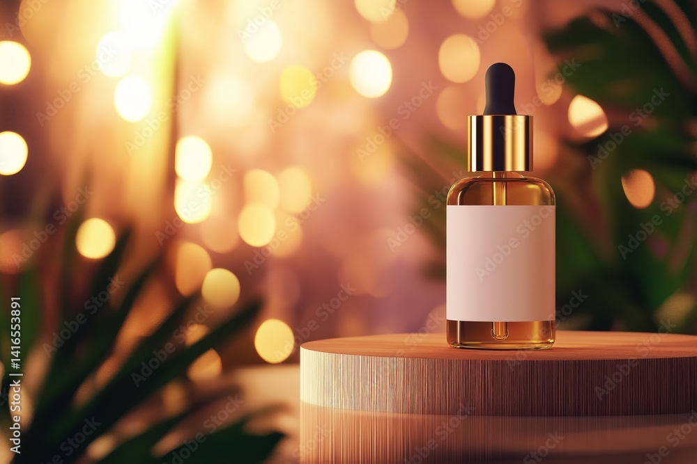 Mockup of luxurious skin care serum bottle with white label and gold pipette on wooden stand, set against slightly blurred background, concept of premium skincare, elegance, and beauty products.
