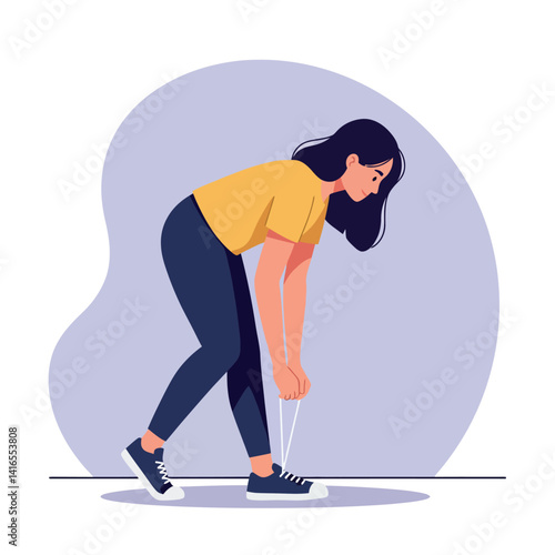 Young woman tying shoelaces in casual outfit flat design with focused expression and simple background vector illustration