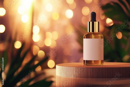 Obraz na płótnie Mockup of luxurious skin care serum bottle with white label and gold pipette on wooden stand, set against slightly blurred background, concept of premium skincare, elegance, and beauty products. w salonie