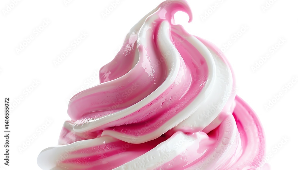 Swirl of pink and white soft serve ice cream, isolated on white, highcontrast lighting, macro shot Swirl of pink and white soft serve ice cream, isolated on white, highcontrast lighting, macro shot