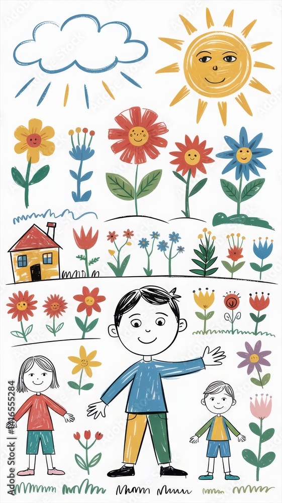 This cheerful My Happy Day illustration shows a smiling family standing in a colorful flower garden under a sunny sky