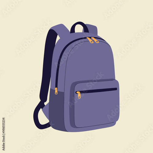 Simple purple backpack with front pocket and black straps in flat minimal design style vector illustration