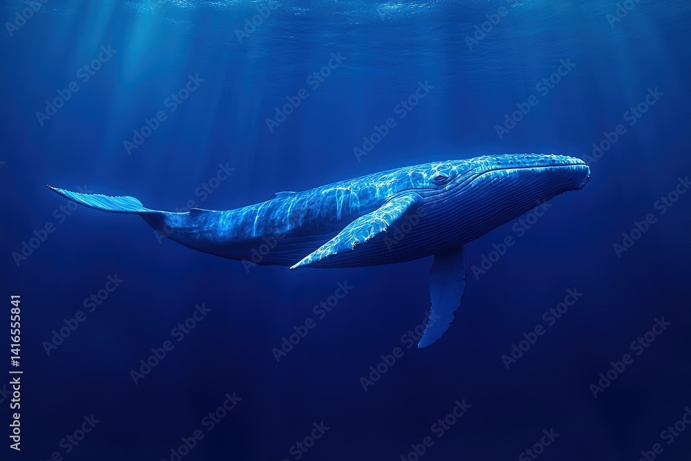 Obraz premium A vibrant blue whale swimming through the deep blue ocean, its massive body visible