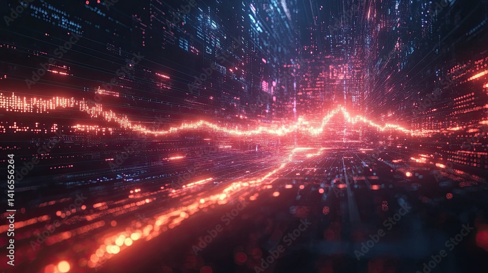 Obraz premium Digital Financial Chart with Glowing Lines and Data Visualization on Dark Background, Abstract Technology Concept for Financial Tech, Stock Market, and Analytics