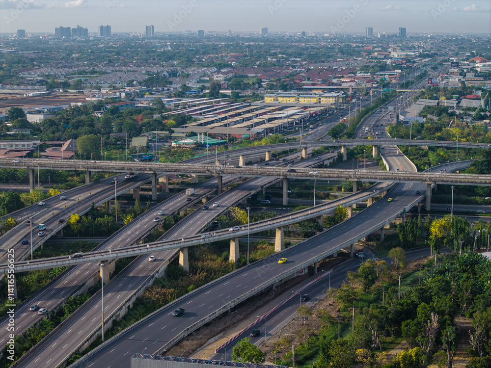 Aerial view intersection transport cross road building with traffic vehicle