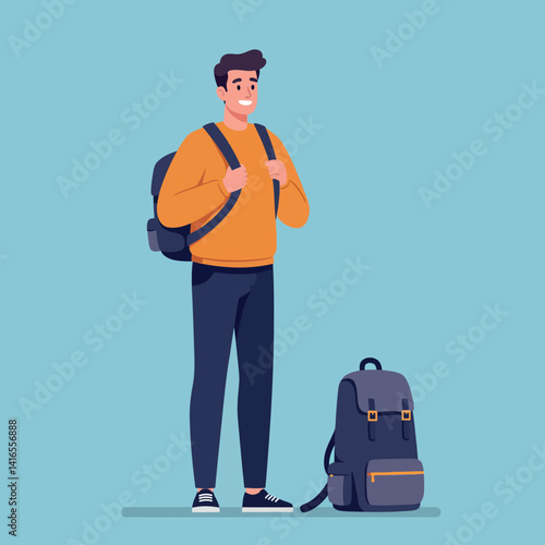 Young man standing with backpack wearing casual orange sweater and dark pants smiling flat design vector illustration