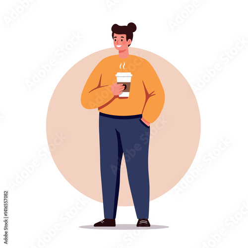 Young man holding a steaming coffee cup in casual clothes standing relaxed flat design vector art