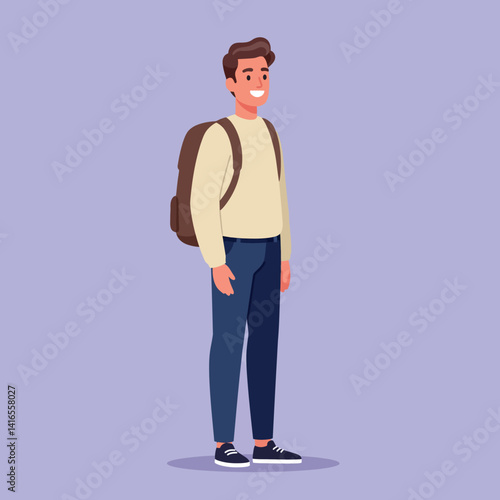 Young smiling man standing with backpack wearing casual clothes in flat design vector illustration