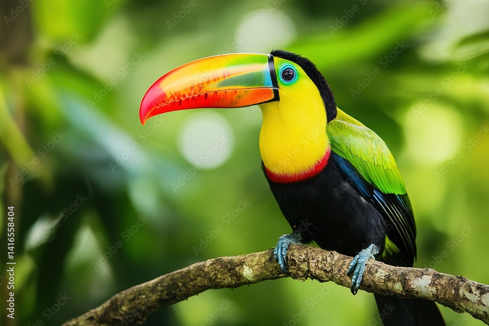 Obraz premium A vibrant toucan perched on a branch, its large, colorful beak contrasting with the greenery