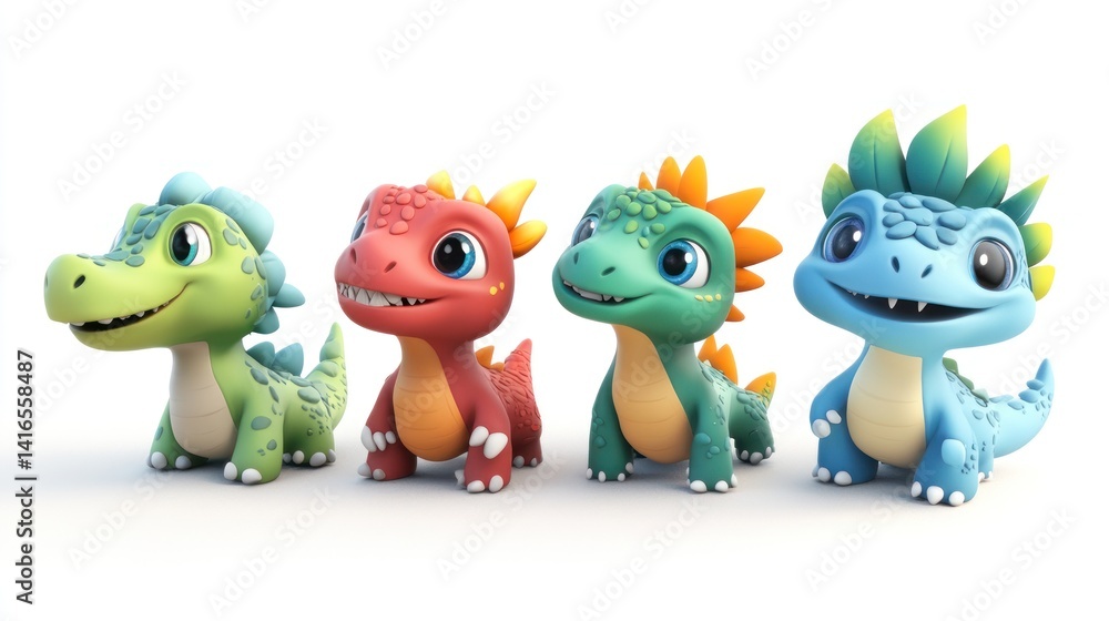 Four cute cartoon dragons in vibrant colors