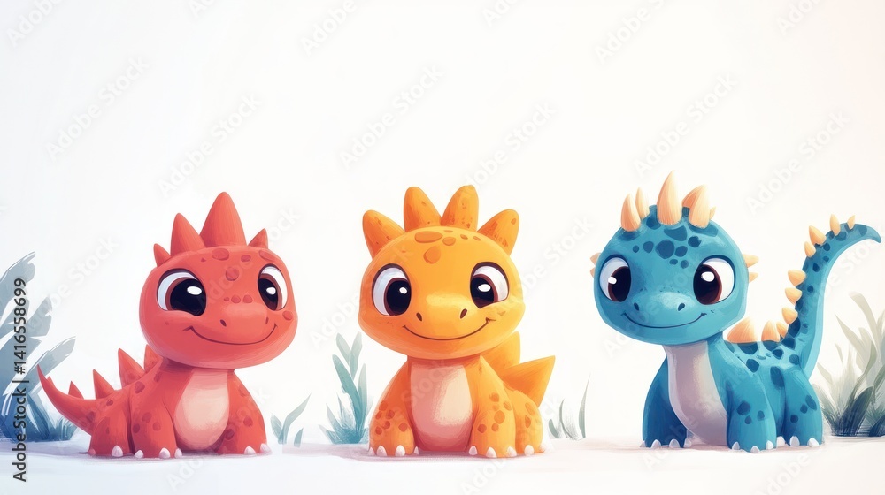 Three adorable baby dinosaurs, sitting side by side